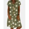 Daisy Flower Short Sleeve V-neck Cotton Dress-Green