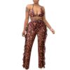 Leopard Print Two Piece Set Mesh Halter Bra