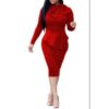 Red Long Sleeve Elegant Bodycon Midi Dress