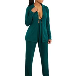 Women Solid Shirt Pants Set Open...